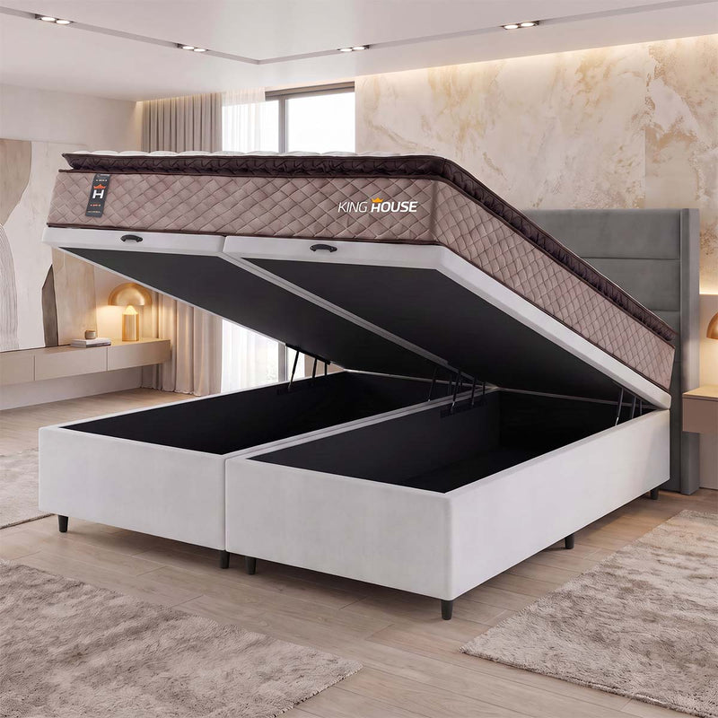 Cama Box Baú Atlanta Espuma D45 Queen 158x198 Bege e Branco Ortopédico