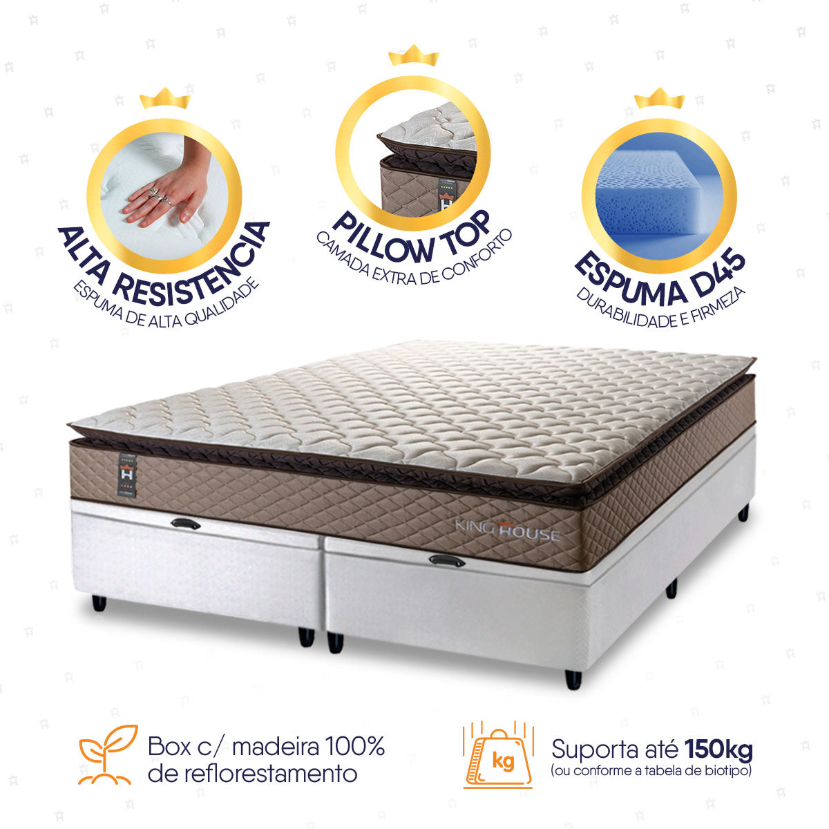 Cama Box Baú Atlanta Espuma D45 Queen 158x198 Bege e Branco Ortopédico