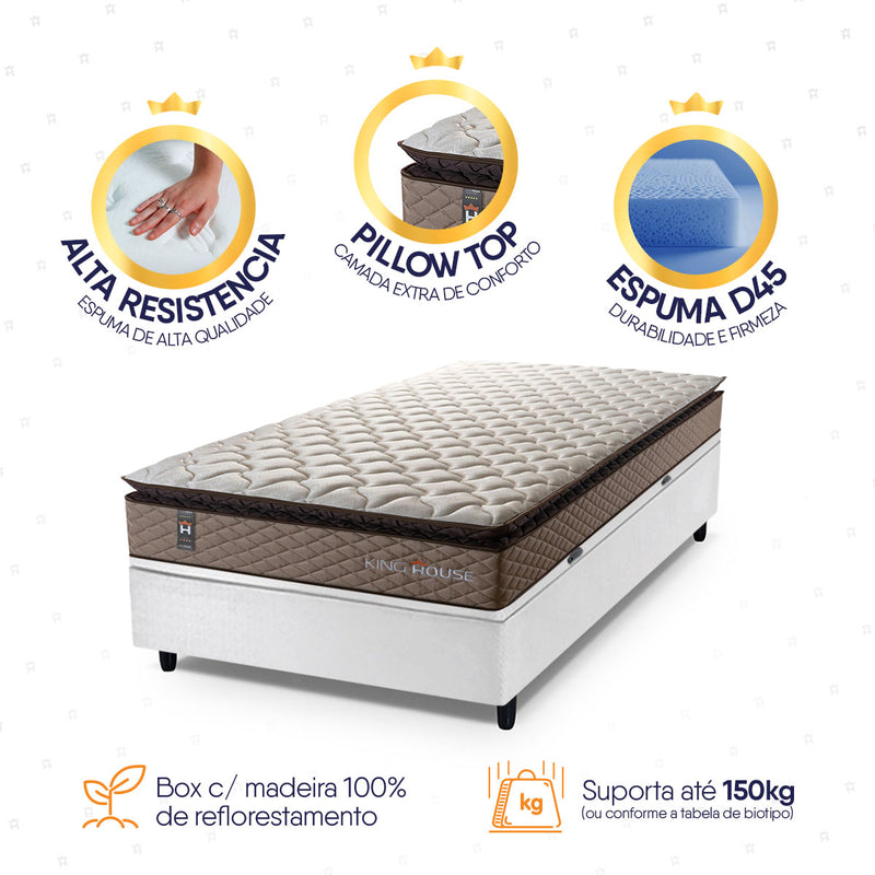 Cama Box Baú Atlanta Solteiro 88x188 Bege e Branco Espuma D45 Ortopédico