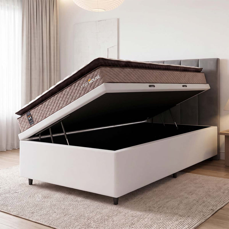 Cama Box Baú Atlanta Solteirão 96x203 Bege e Branco Espuma D45 Ortopédico