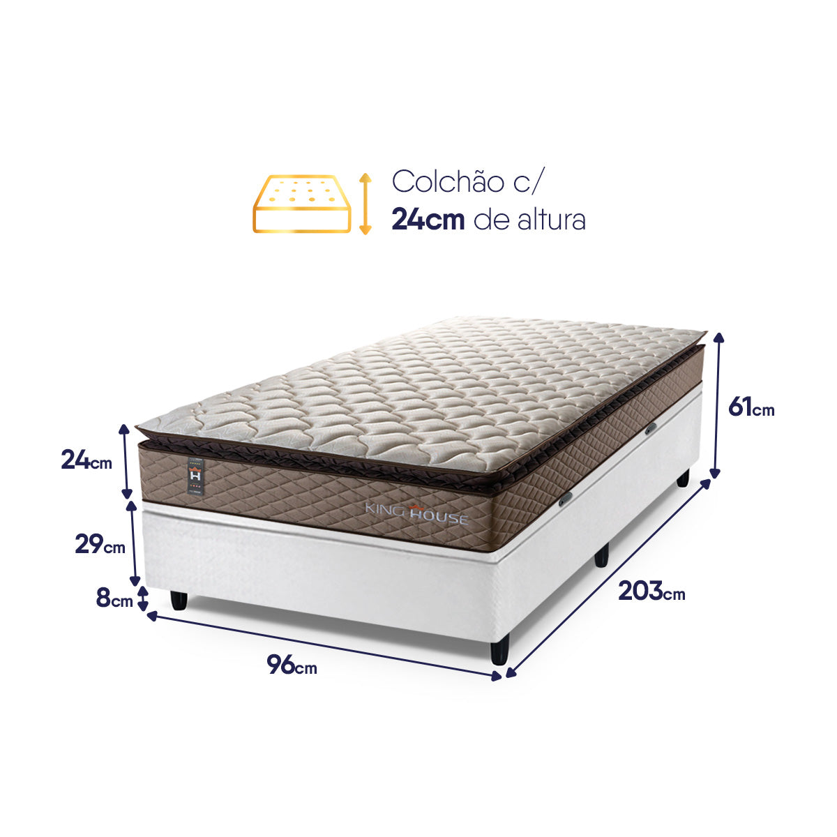 Cama Box Baú Atlanta Solteirão 96x203 Bege e Branco Espuma D45 Ortopédico