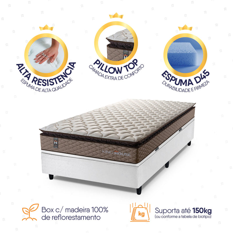 Cama Box Baú Atlanta Solteirão 96x203 Bege e Branco Espuma D45 Ortopédico