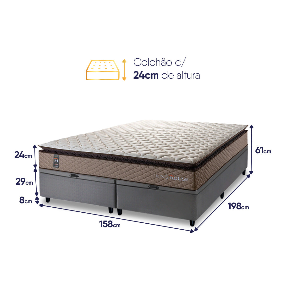 Cama Box Baú Atlanta Espuma D45 158x198 Bege e Cinza