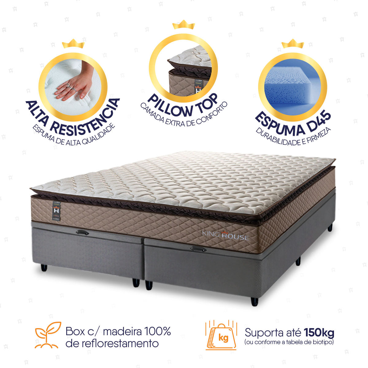 Cama Box Baú Atlanta Espuma D45 158x198 Bege e Cinza