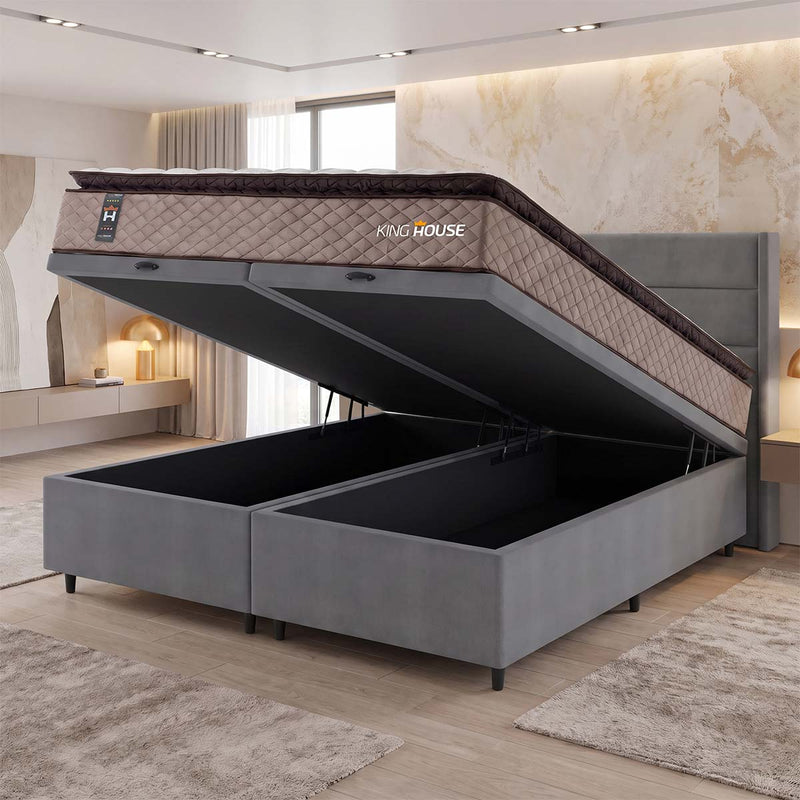 Cama Box Baú Atlanta Espuma D45 193x203 Bege e Cinza