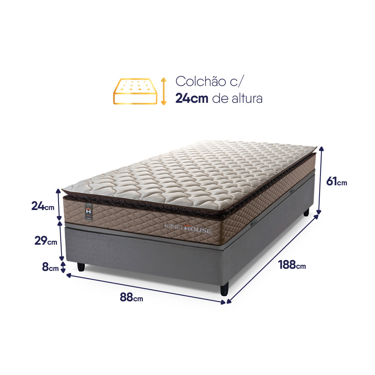 Cama Box Baú Atlanta 88x188 Bege e Cinza Espuma D45