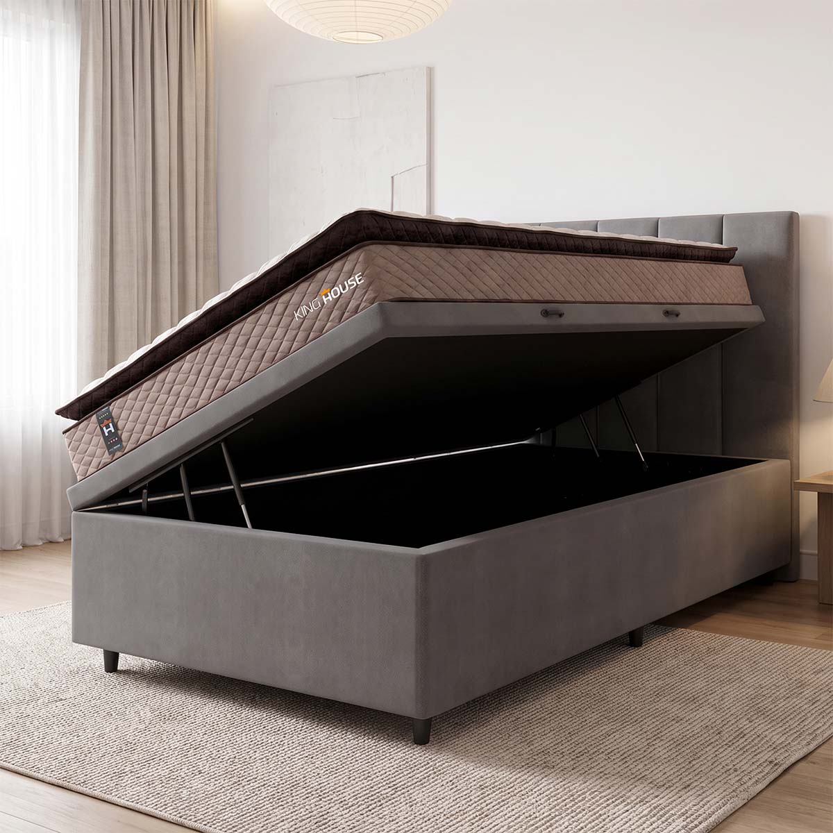 Cama Box Baú Atlanta 96x203 Bege e Cinza Espuma D45