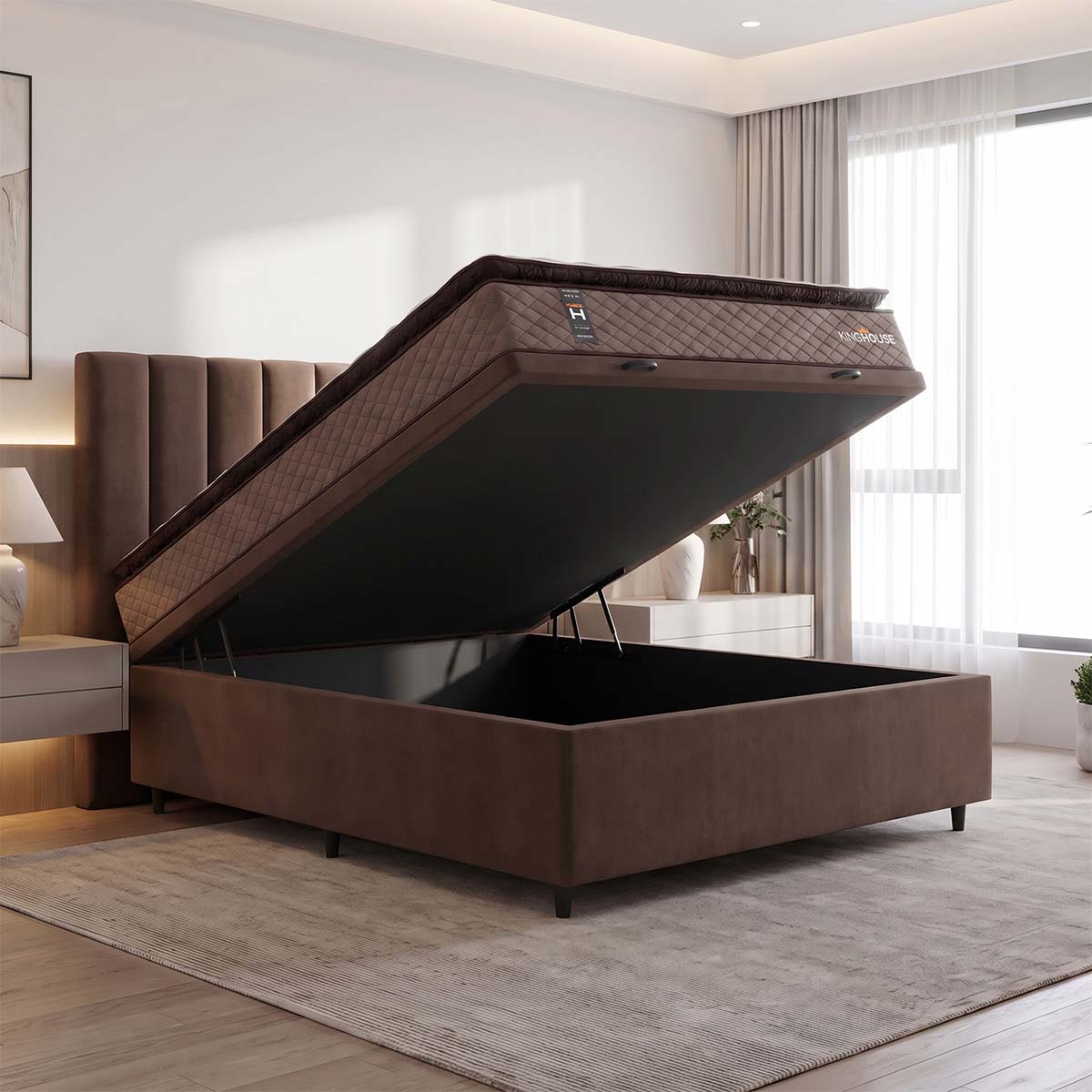 Cama Box Baú Atlanta 138x188 Bege e Marrom Espuma D45