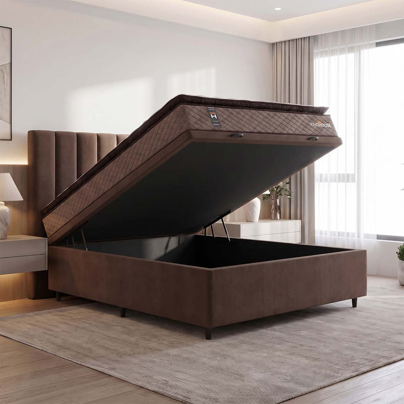 Cama Box Baú Atlanta 138x188 Bege e Marrom Espuma D45
