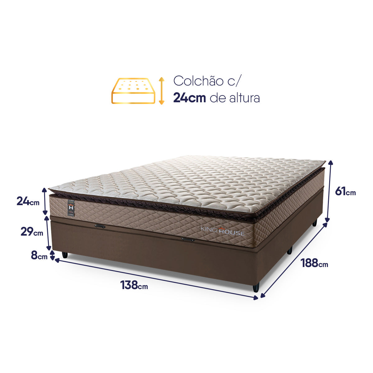 Cama Box Baú Atlanta 138x188 Bege e Marrom Espuma D45