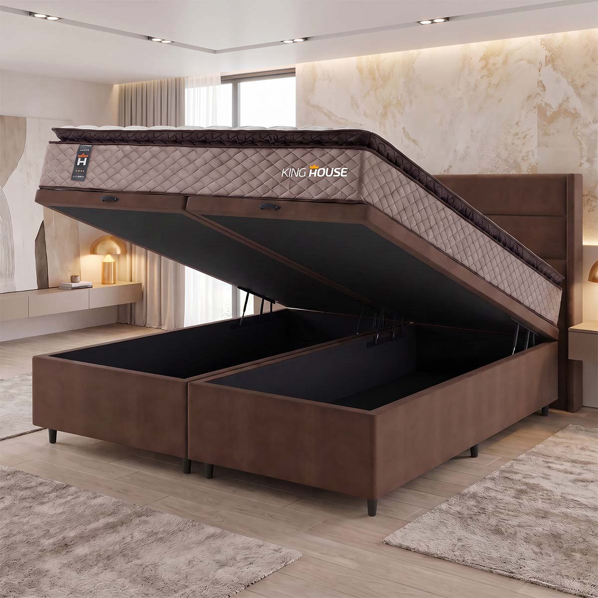 Cama Box Baú Atlanta Espuma D45 158x198 Bege e Marrom