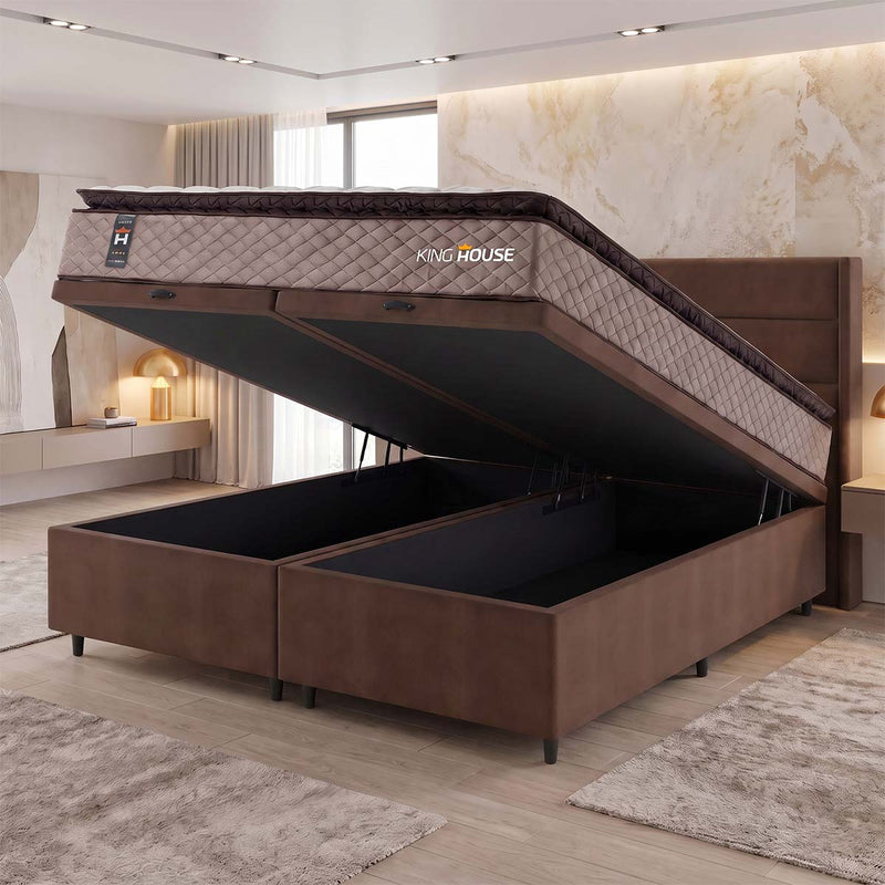 Cama Box Baú Atlanta Espuma D45 193x203 Bege e Marrom