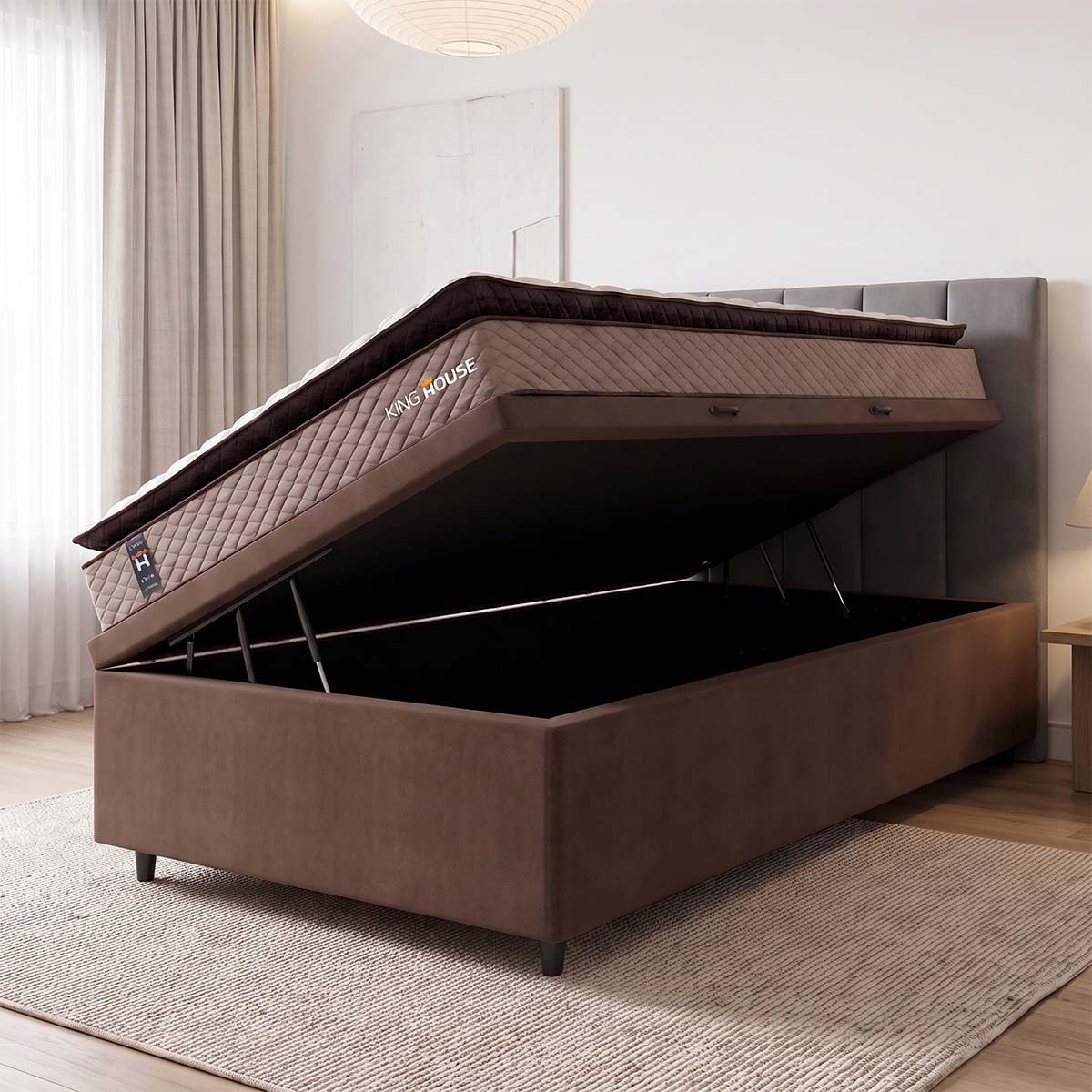 Cama Box Baú Atlanta 88x188 Bege e Marrom Espuma D45