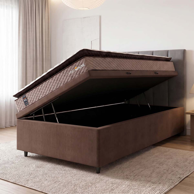 Cama Box Baú Atlanta 88x188 Bege e Marrom Espuma D45
