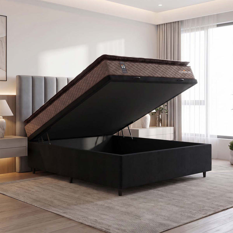 Cama Box Baú Atlanta 138x188 Bege e Preto Espuma D45