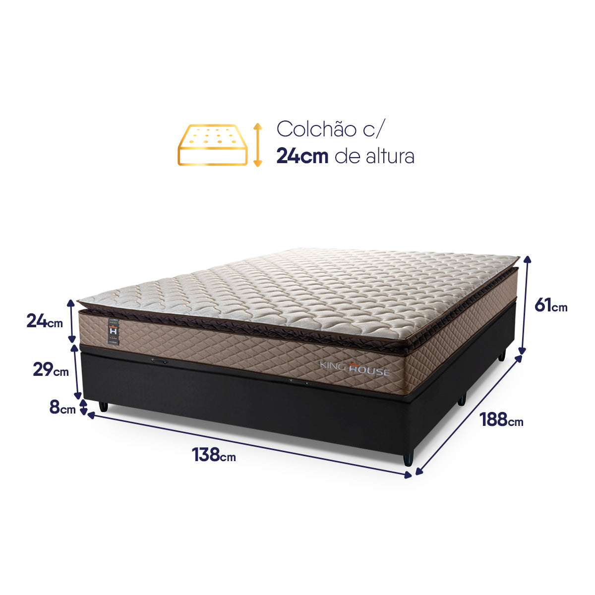 Cama Box Baú Atlanta 138x188 Bege e Preto Espuma D45