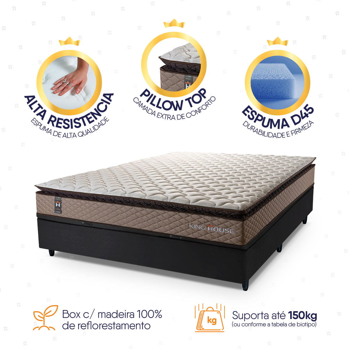 Cama Box Baú Atlanta 138x188 Bege e Preto Espuma D45