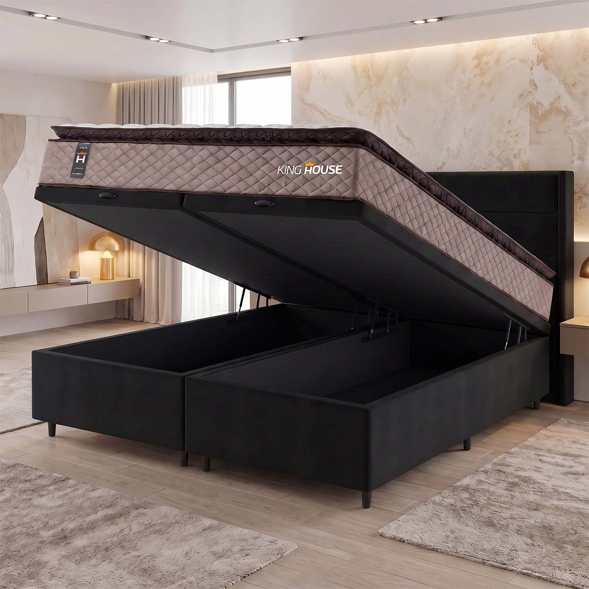 Cama Box Baú Atlanta Espuma D45 158x198 Bege e Preto