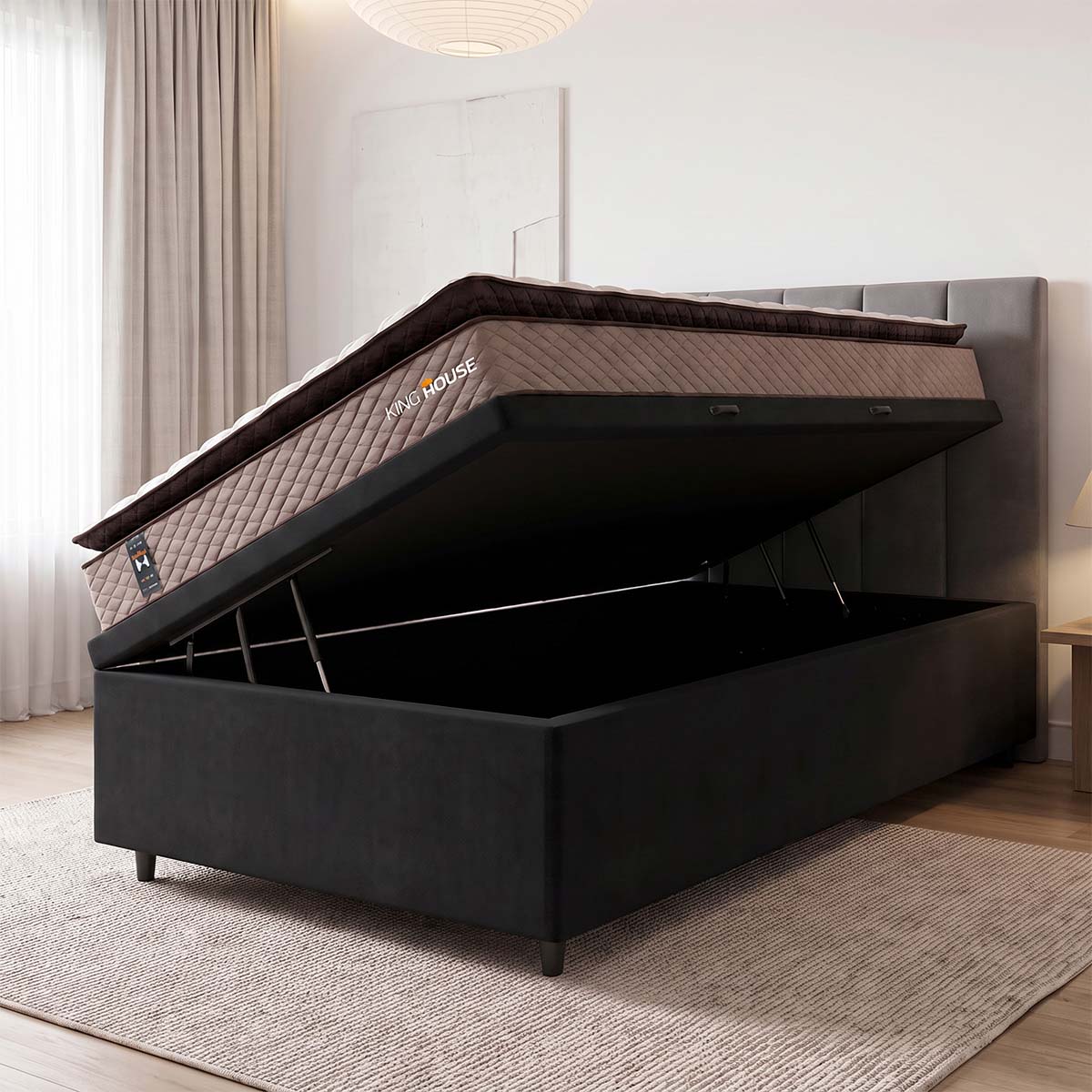 Cama Box Baú Atlanta 88x188 Bege e Preto Espuma D45