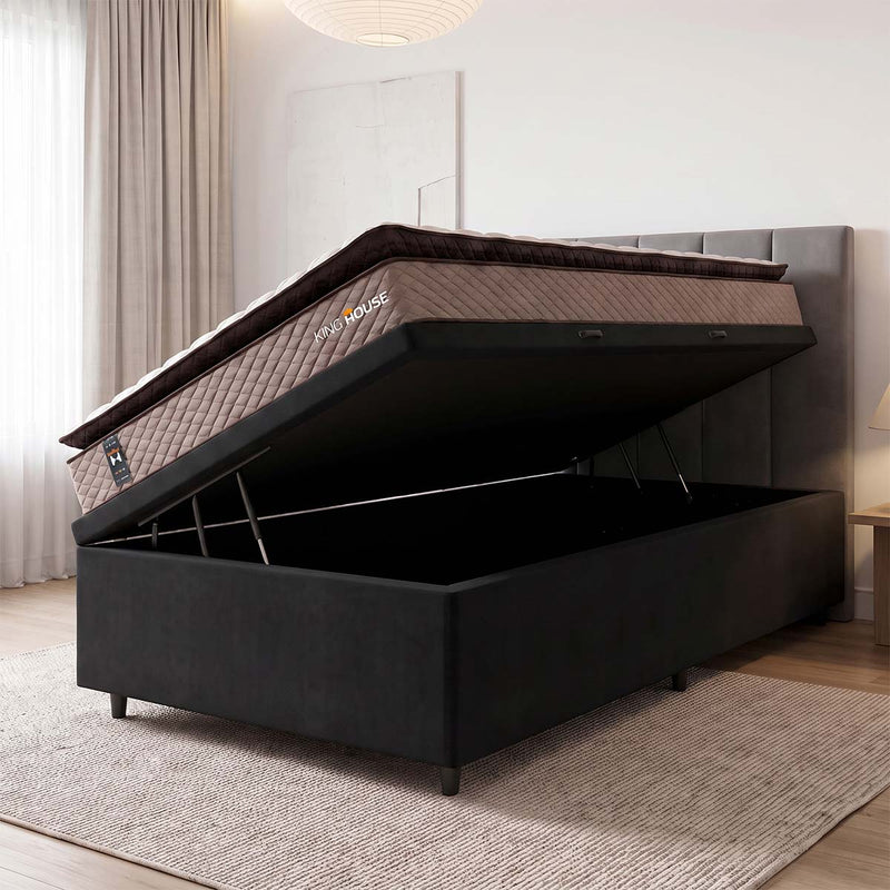 Cama Box Baú Bege e Preto Atlanta Solteirão 96x203x69 Espuma D45 Ortopédico