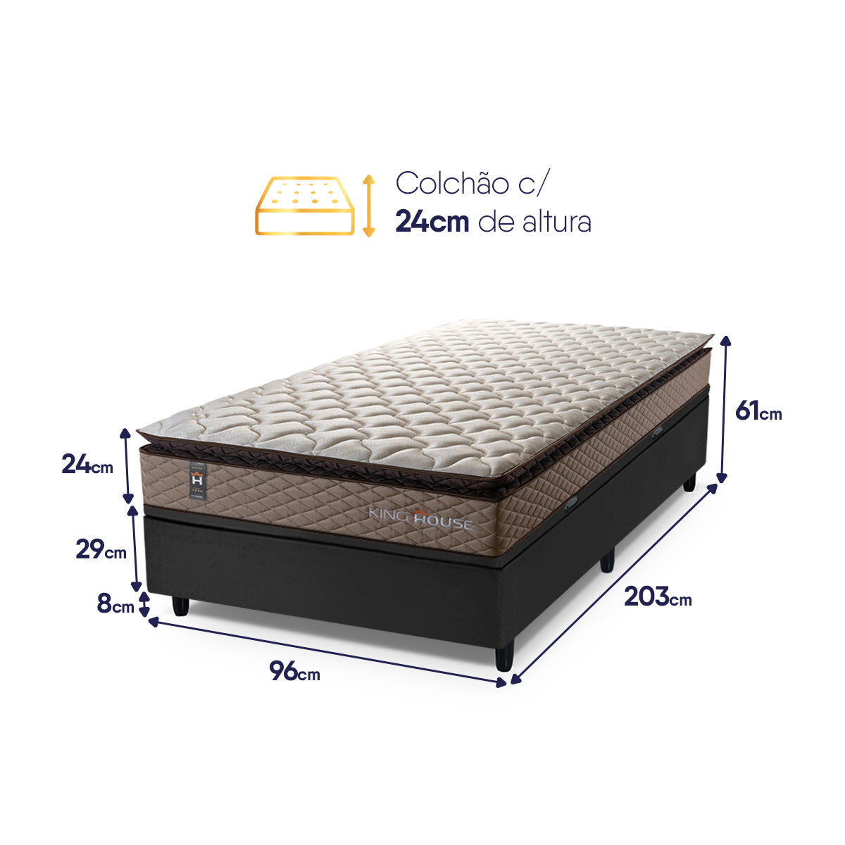 Cama Box Baú Bege e Preto Atlanta Solteirão 96x203x69 Espuma D45 Ortopédico