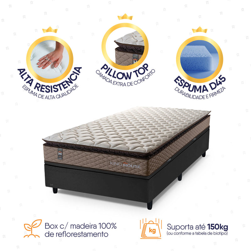Cama Box Baú Bege e Preto Atlanta Solteirão 96x203x69 Espuma D45 Ortopédico