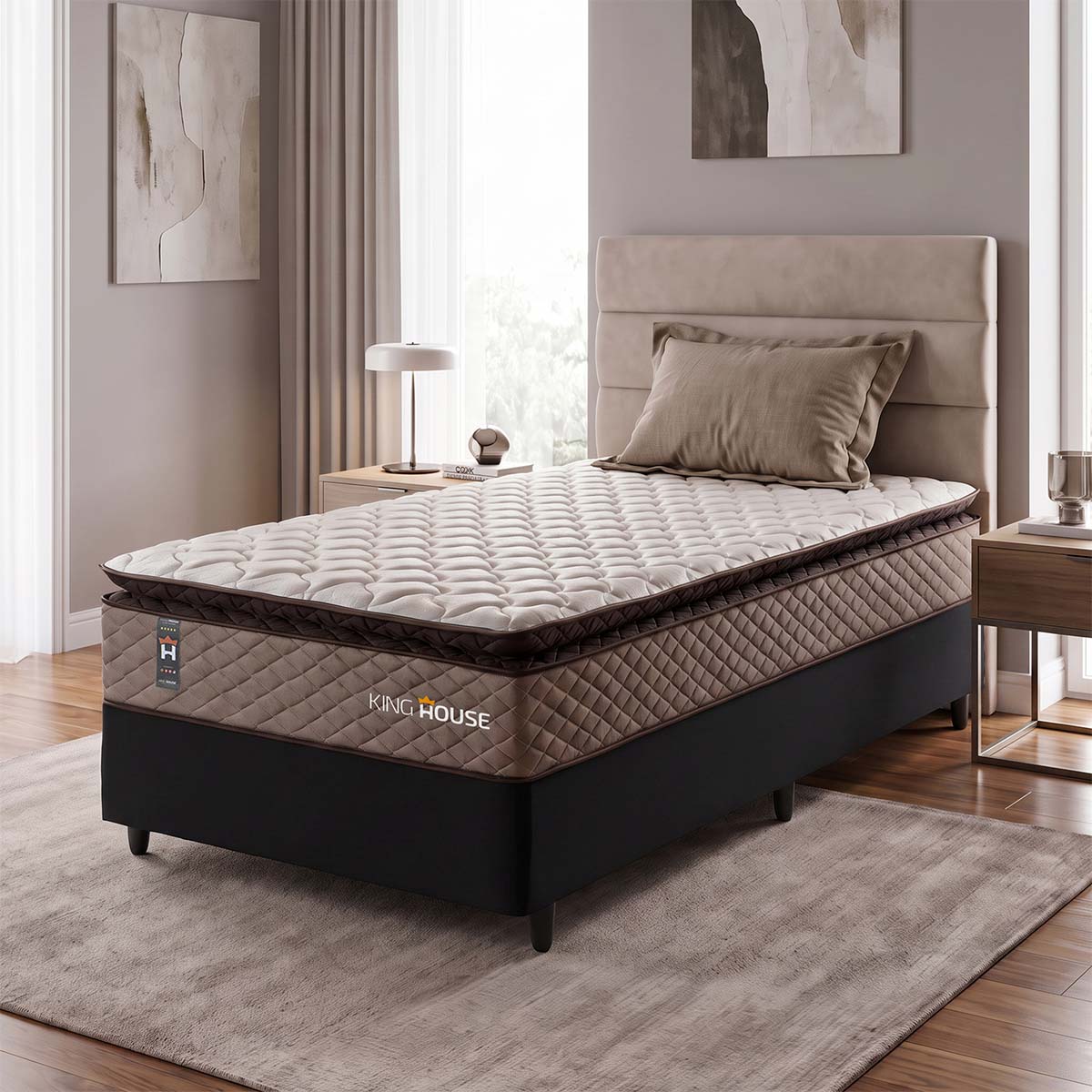 Cama Box Espuma Atlanta Solteirão 96x203 Bege e Preto