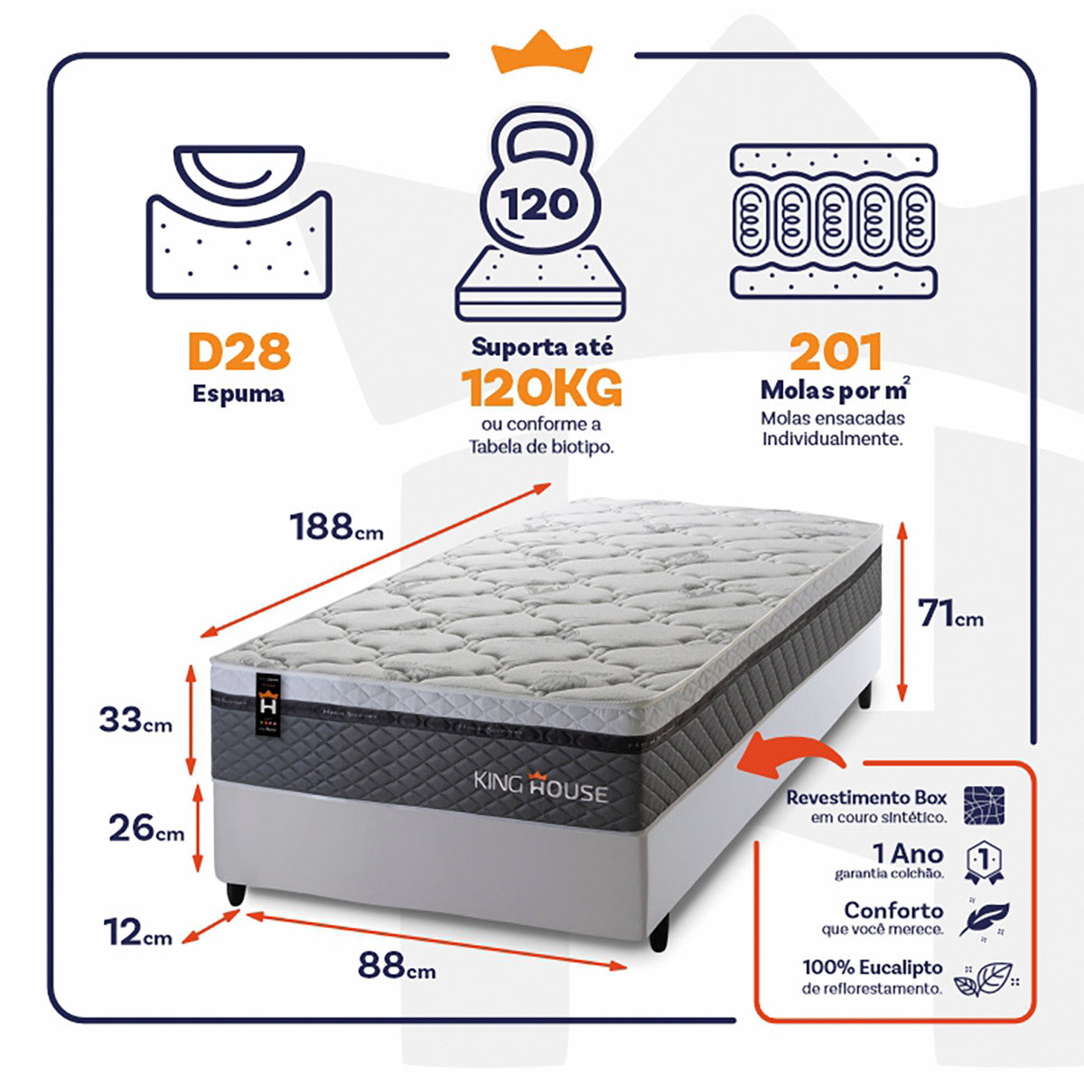 Cama Box Molas Ensacadas Benton Solteiro 88x188 King House