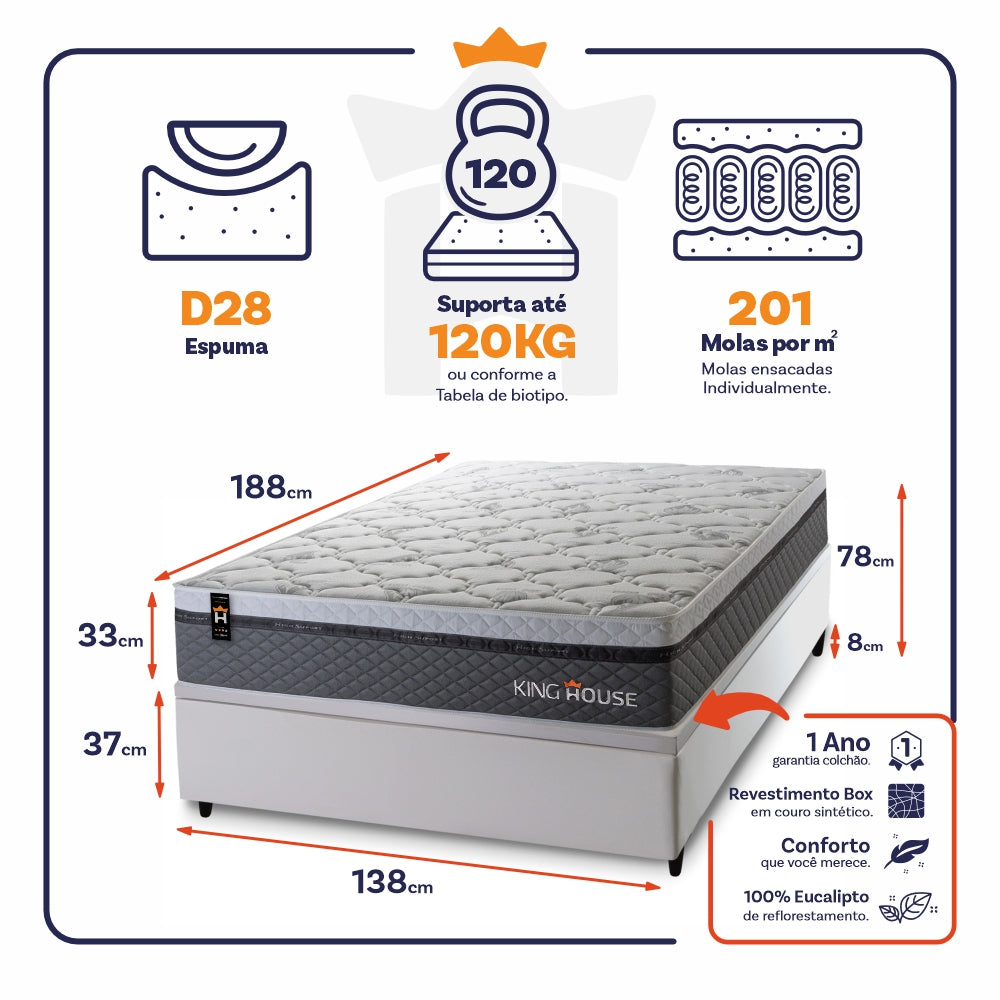 Cama Box Baú Benton 138x188 c/ Molas Ensacadas King House