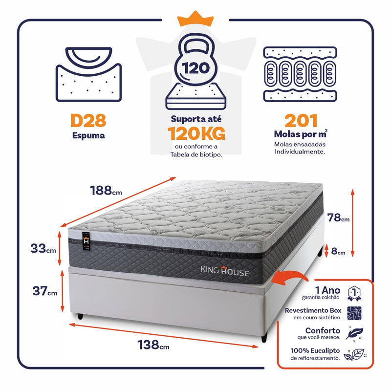 Cama Box Baú Benton 138x188 c/ Molas Ensacadas King House