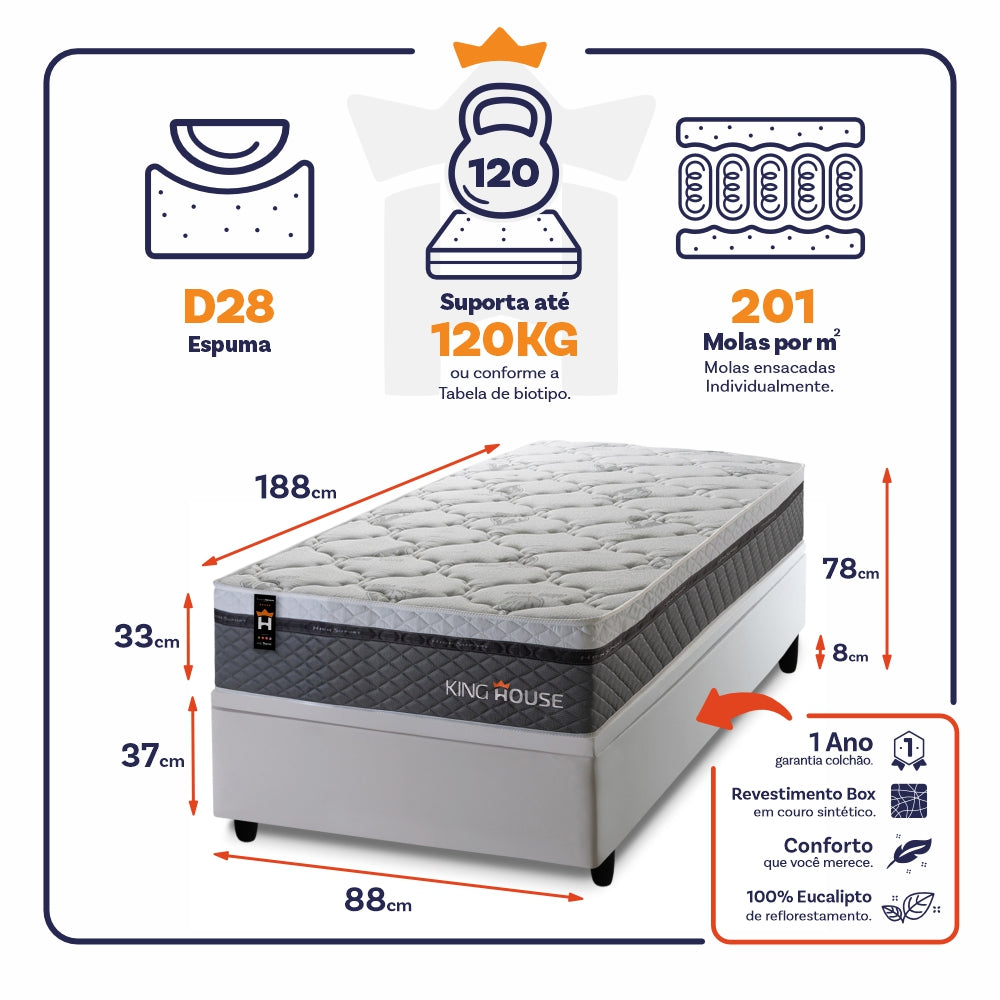 Cama Box Baú Benton 88x188 c/ Molas Ensacadas King House