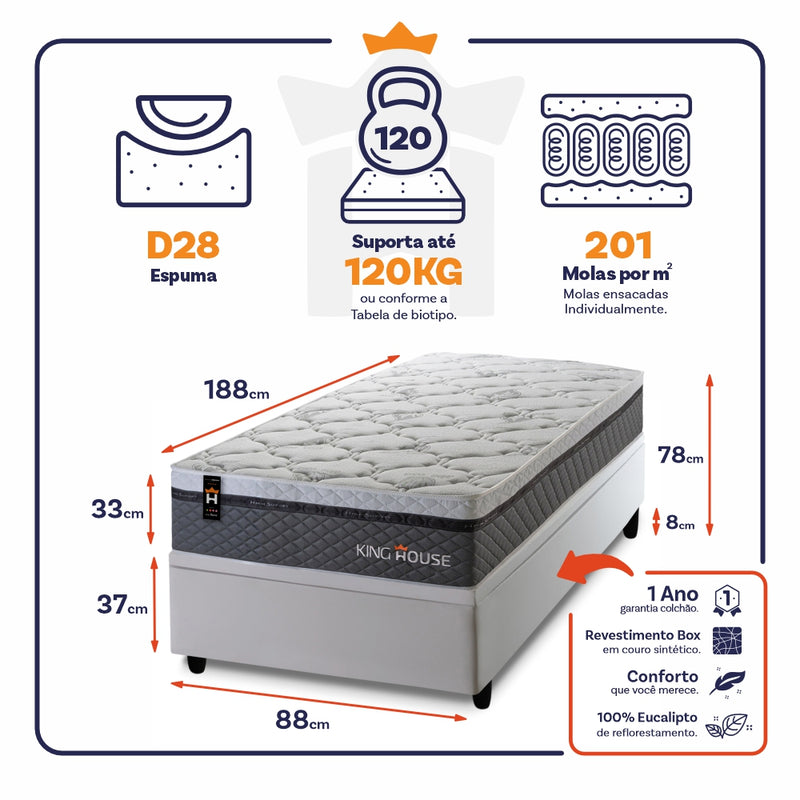 Cama Box Baú Benton 88x188 c/ Molas Ensacadas King House