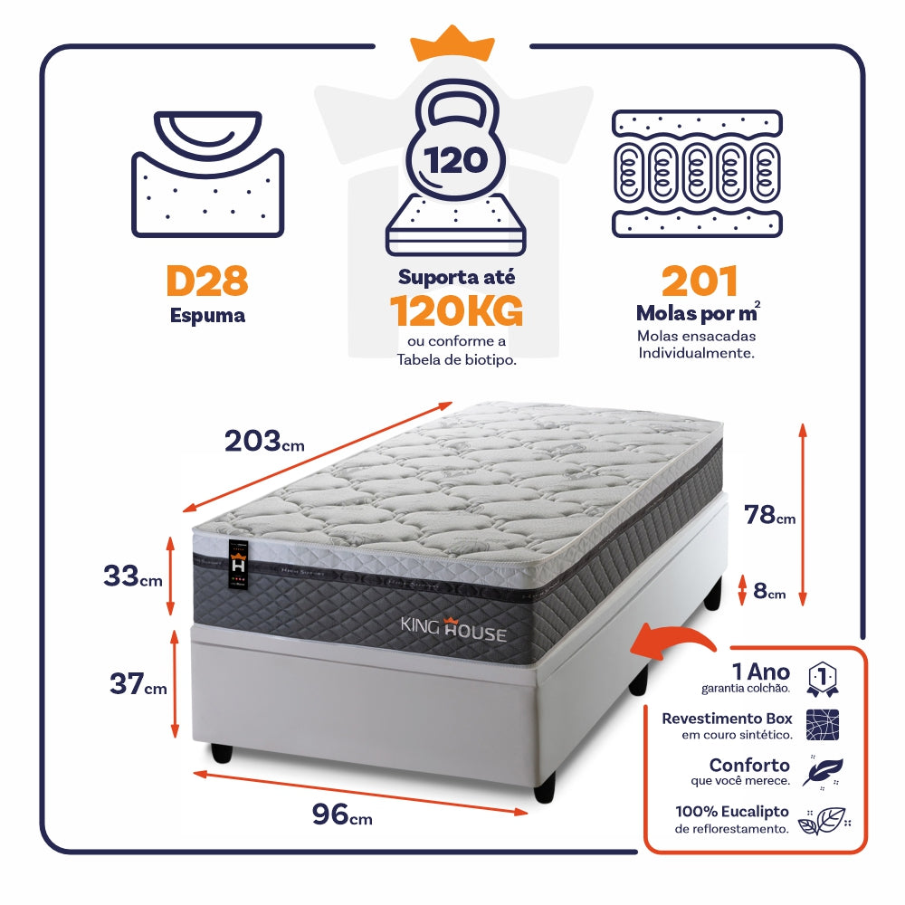 Cama Box Baú Benton 96x203 c/ Molas Ensacadas King House