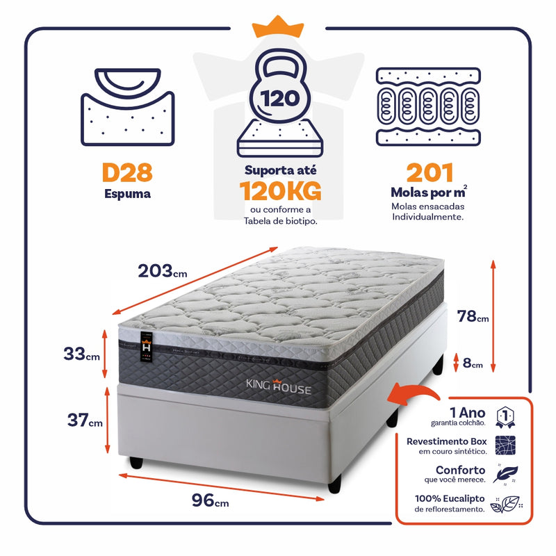 Cama Box Baú Benton 96x203 c/ Molas Ensacadas King House