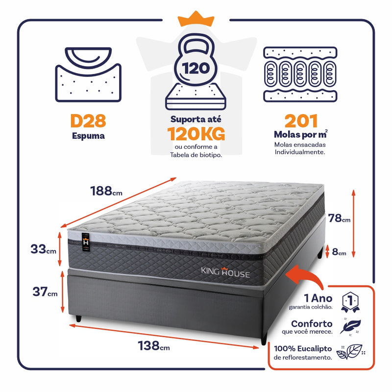 Cama Box Baú Benton 138x188 c/ Molas Ensacadas King House