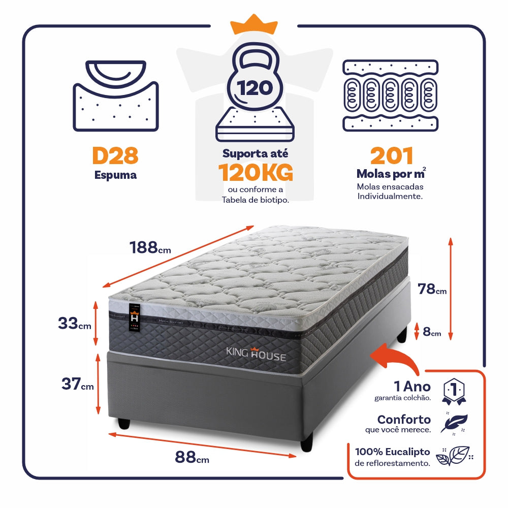 Cama Box Baú Benton 88x188 c/ Molas Ensacadas King House