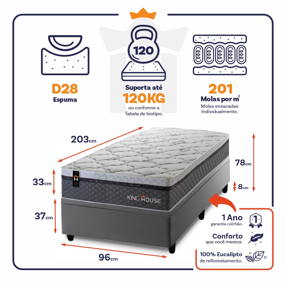 Cama Box Baú Benton 96x203 c/ Molas Ensacadas King House