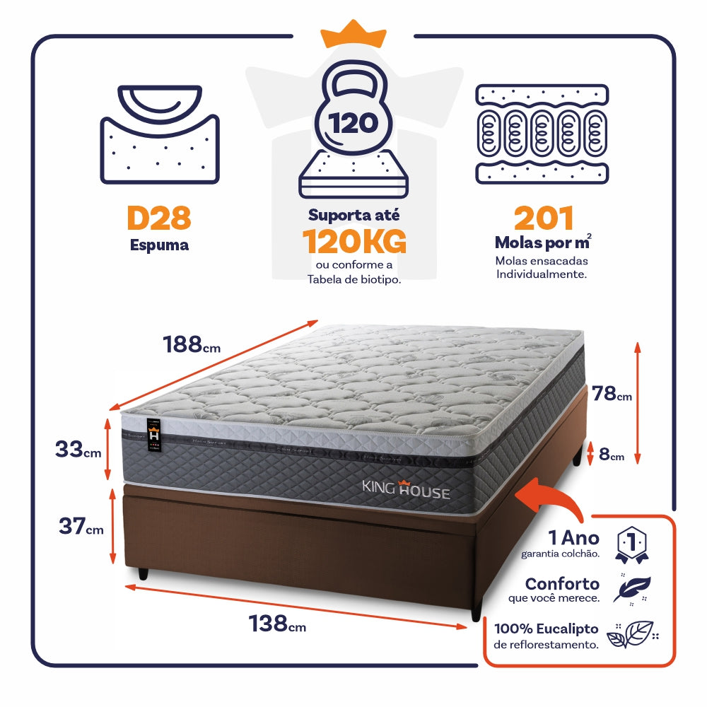 Cama Box Baú Benton 138x188 c/ Molas Ensacadas King House