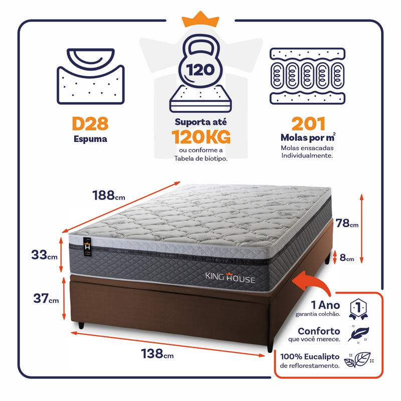 Cama Box Baú Benton 138x188 c/ Molas Ensacadas King House