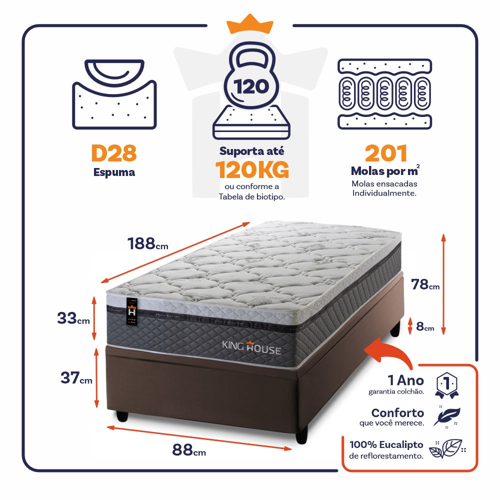 Cama Box Baú Benton 88x188 c/ Molas Ensacadas King House