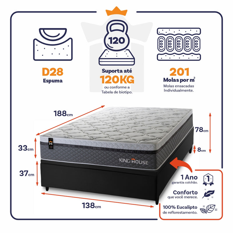 Cama Box Baú Benton 138x188 c/ Molas Ensacadas King House