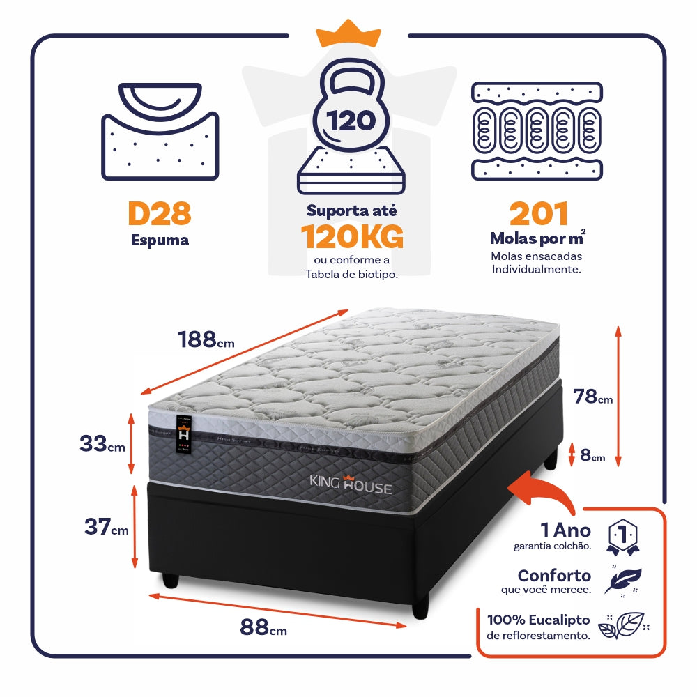 Cama Box Baú Benton 88x188 c/ Molas Ensacadas King House