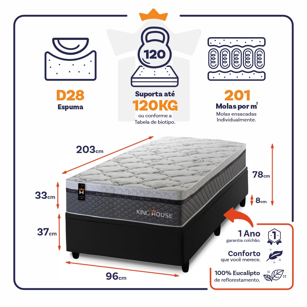 Cama Box Baú Benton 96x203 c/ Molas Ensacadas King House