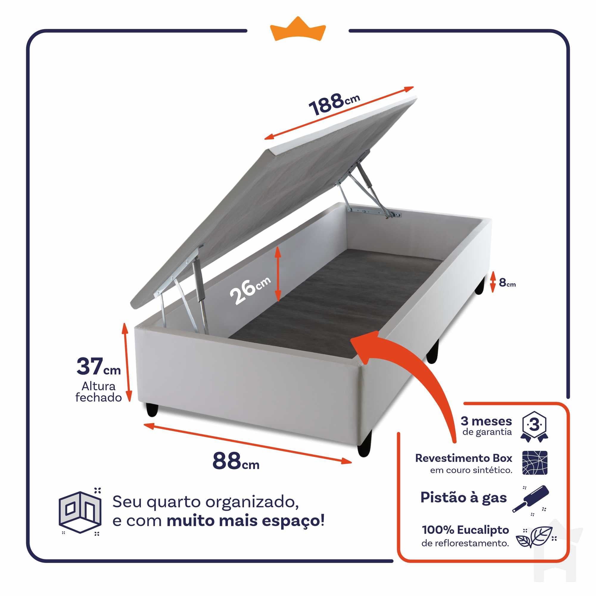 Base Box Baú Branco Solteiro 88x188x45