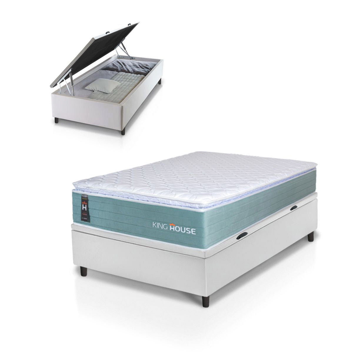 Cama Box Baú Lagos Molas Ensacadas 88x188 Verde e Branco Espuma D26 Suporta 110 kg