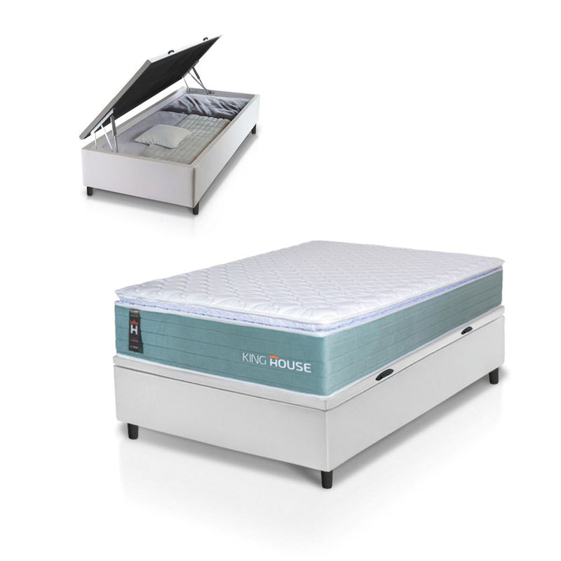 Cama Box Baú Lagos Molas Ensacadas 88x188 Verde e Branco Espuma D26 Suporta 110 kg