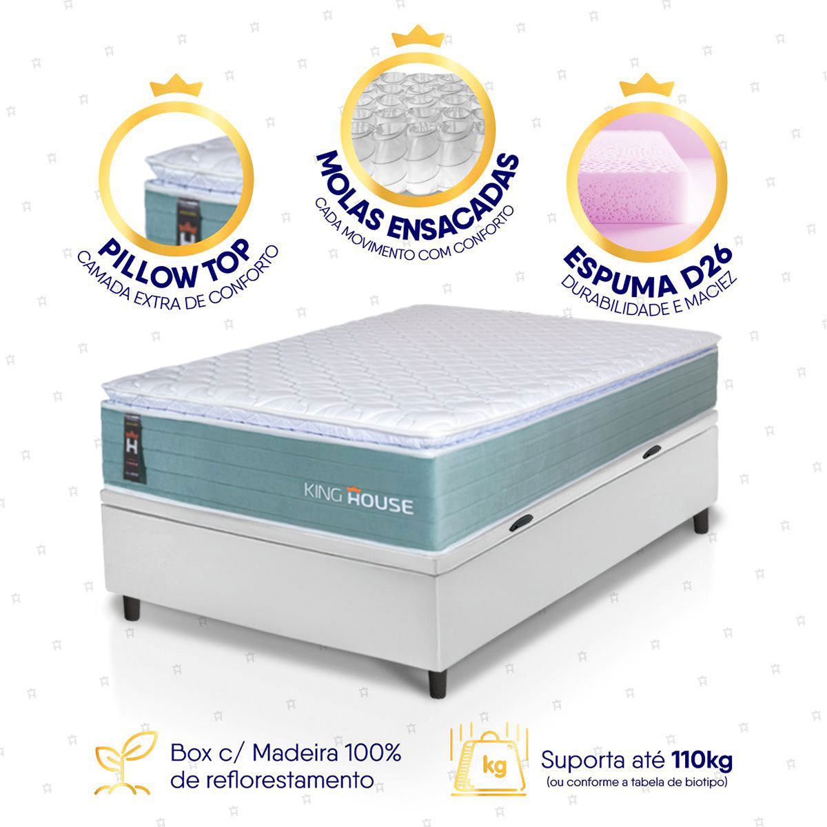 Cama Box Baú Lagos Molas Ensacadas 88x188 Branco King House