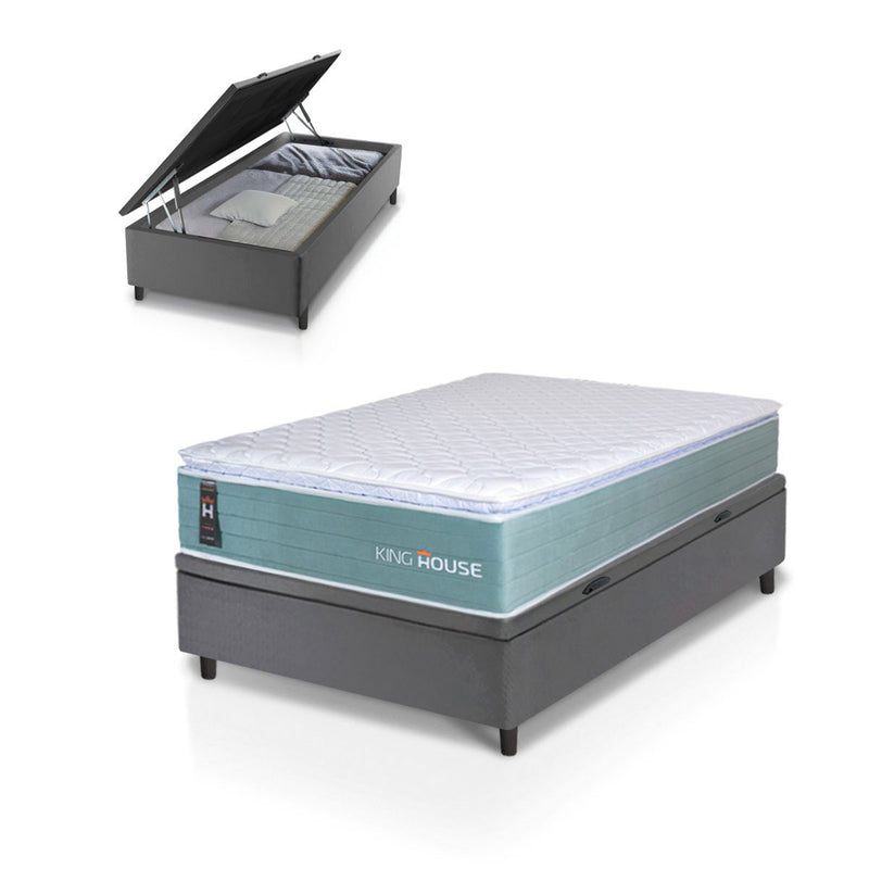 Cama Box Baú Lagos Molas Ensacadas 88x188 Verde e Cinza Espuma D26 Suporta 110 kg