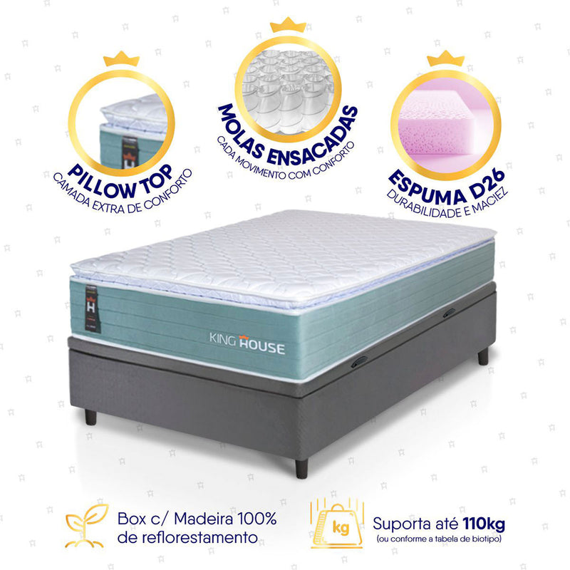 Cama Box Baú Lagos Molas Ensacadas 88x188 Cinza King House