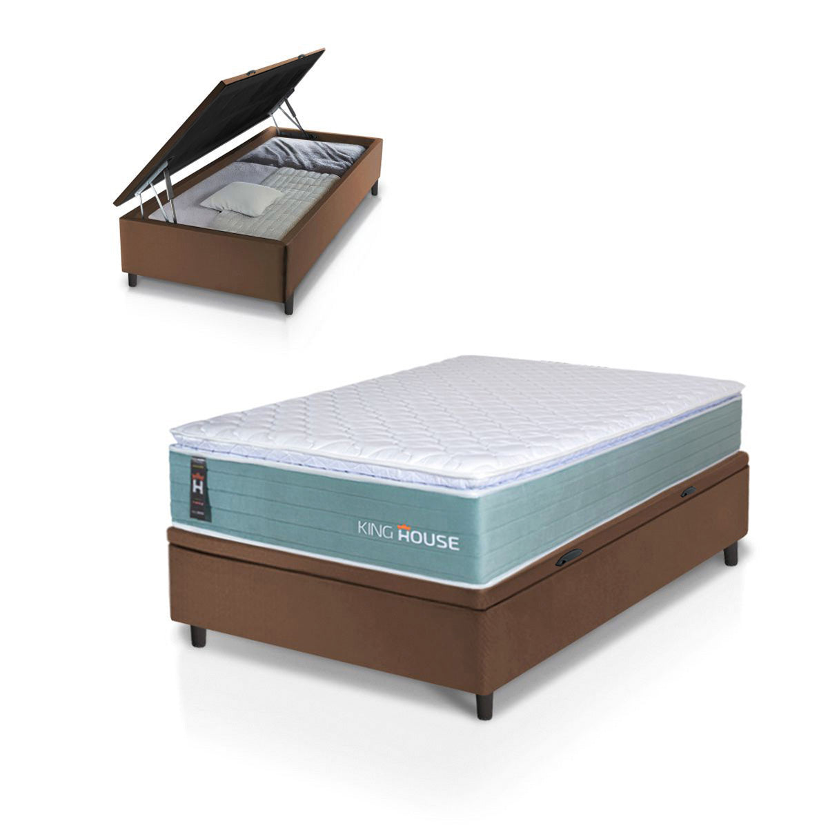 Cama Box Baú Lagos Molas Ensacadas 88x188 Verde e Marrom Espuma D26 Suporta 110 kg
